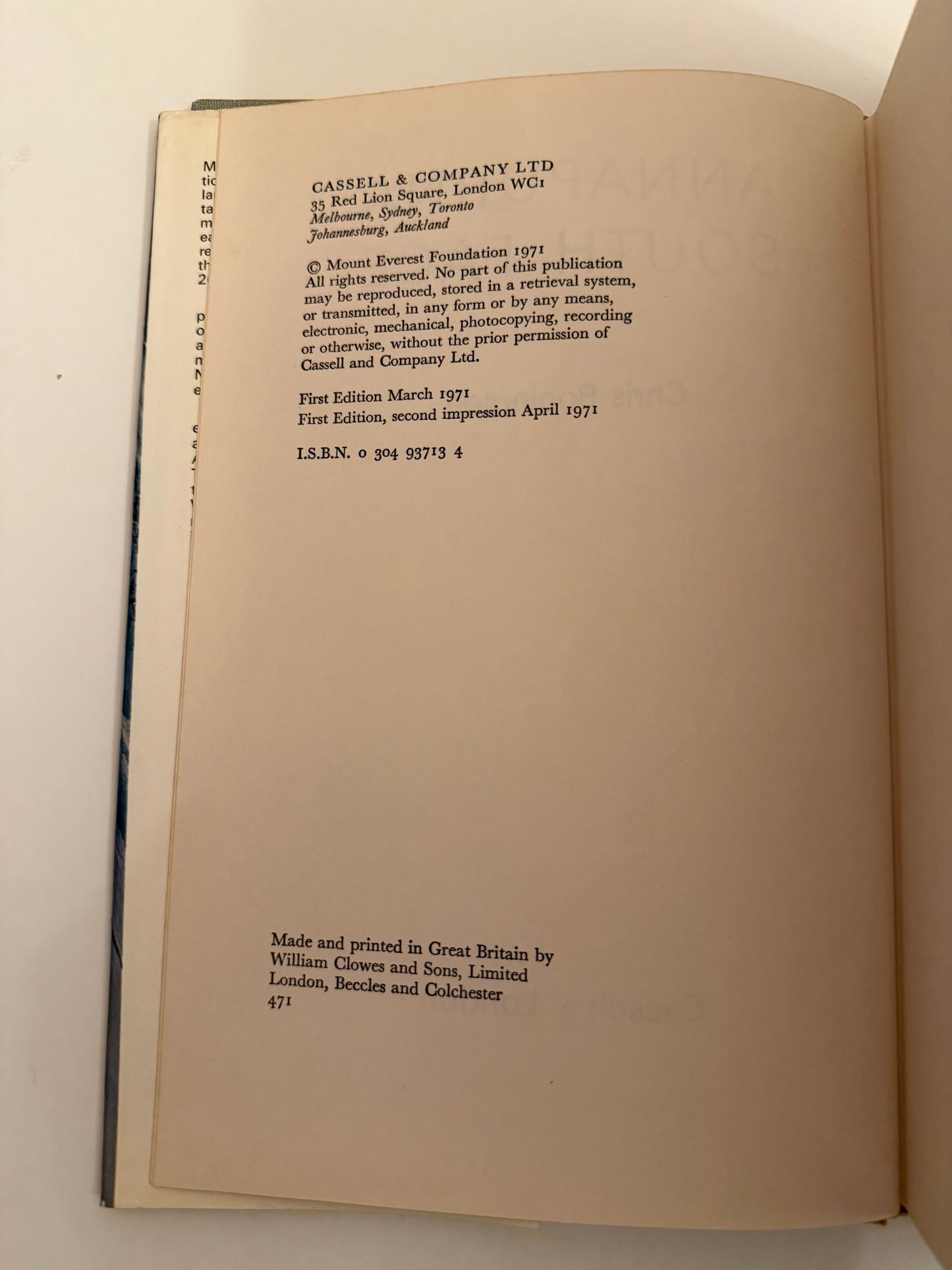Annapuma South Face by Chris Bonnington (hardback book 1971)