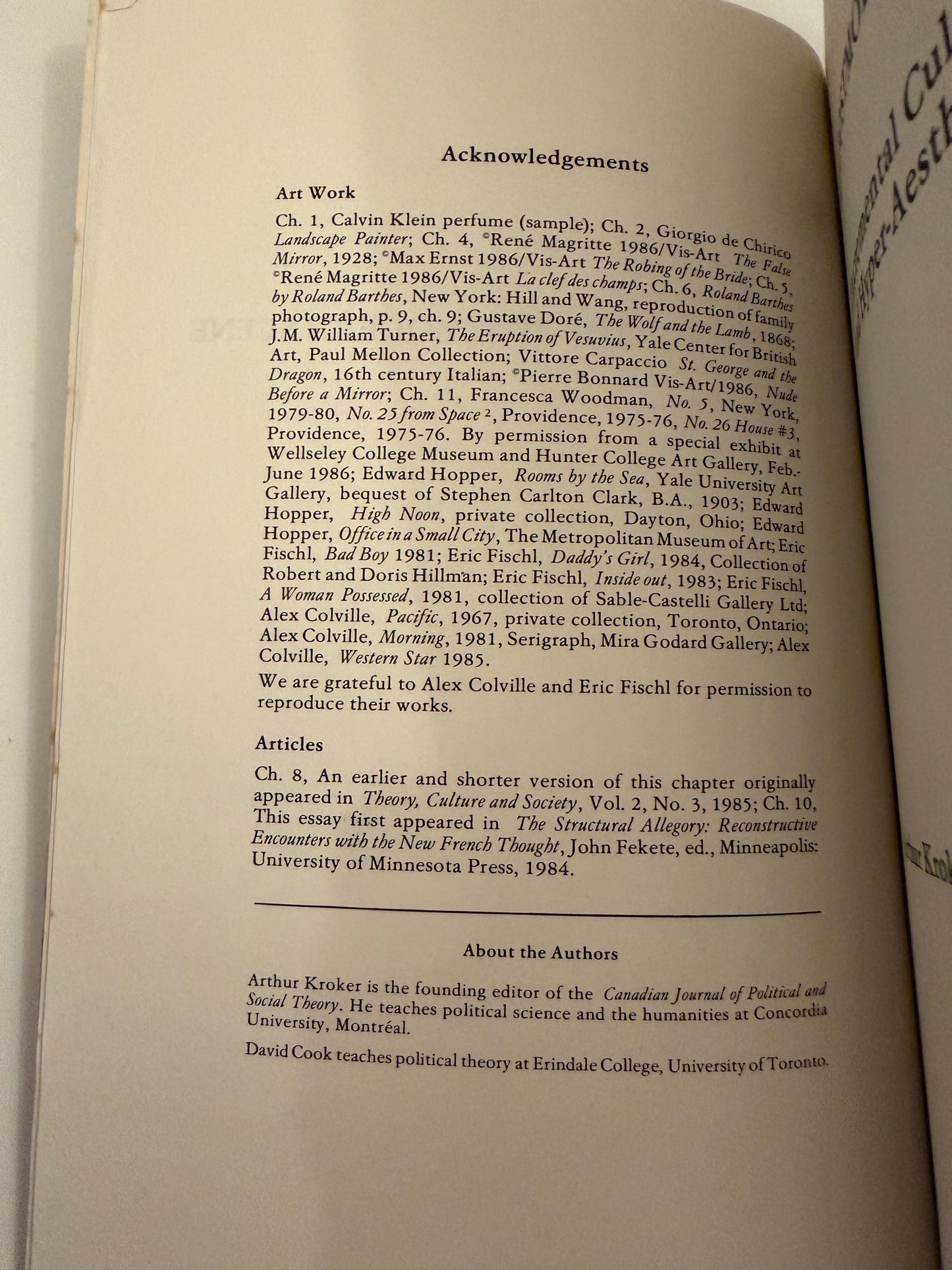 THE POSTMODERN SCENE Excremental Culture & Hyper-Aesthetics by Kroker & Cook (paperback book)